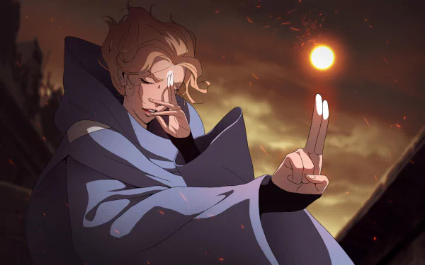 HD anime desktop wallpaper featuring Sypha Belnades from Castlevania, set against a dark, glowing sky with a mysterious and intense atmosphere.