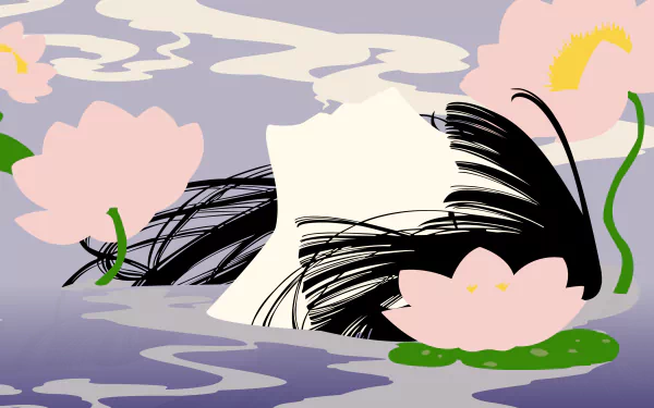 Yuuko Ichihara from xxxHOLiC floats among pink lotus flowers on stylized purple water — 4K Ultra HD anime PC desktop wallpaper.