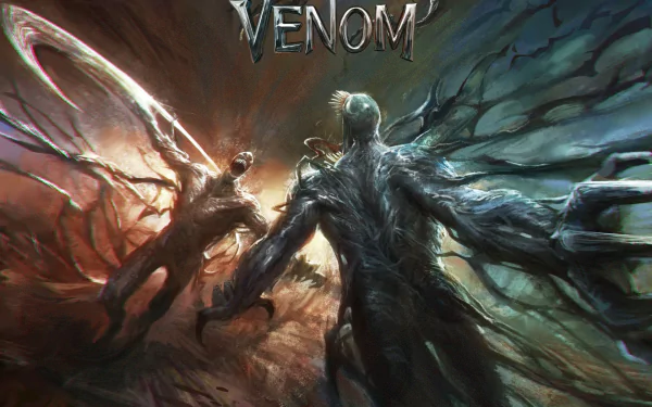 HD PC desktop wallpaper background featuring Venom and Riot (Marvel Comics) from the Venom movie — two symbiotes clash amid swirling black tendrils and dramatic, cinematic lighting.