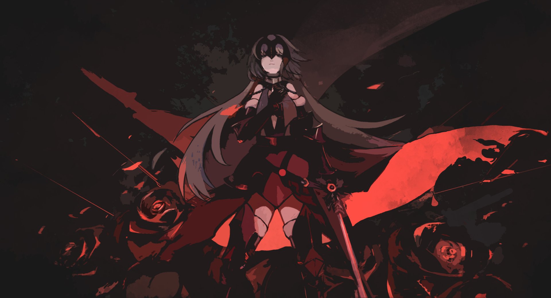 HD anime desktop wallpaper featuring Jeanne d'Arc Alter as Avenger from Fate/Grand Order, set against a dark, fiery background.