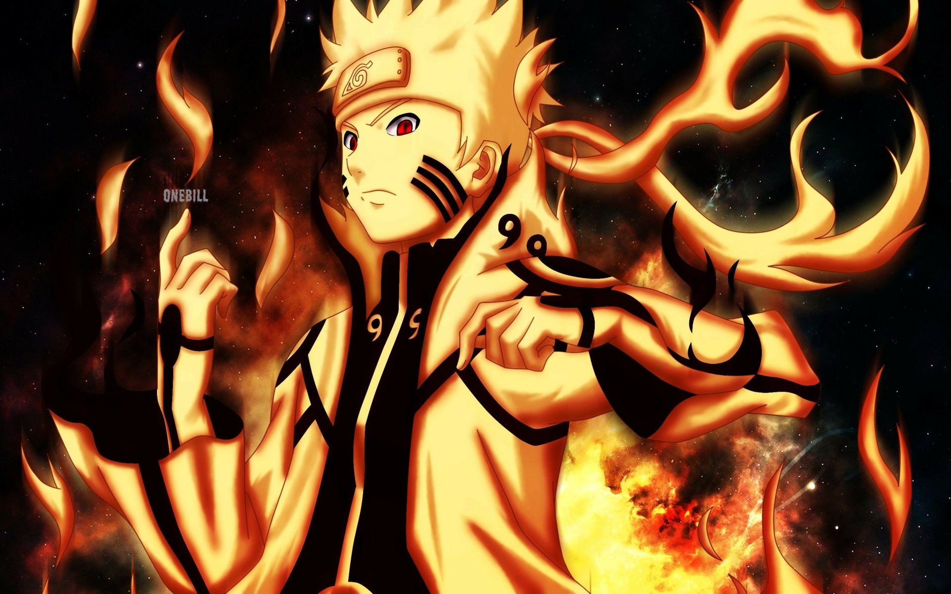 2K Quad HD PC wallpaper of Naruto Uzumaki (Naruto) in anime style, glowing chakra cloak and flames against a fiery cosmic background