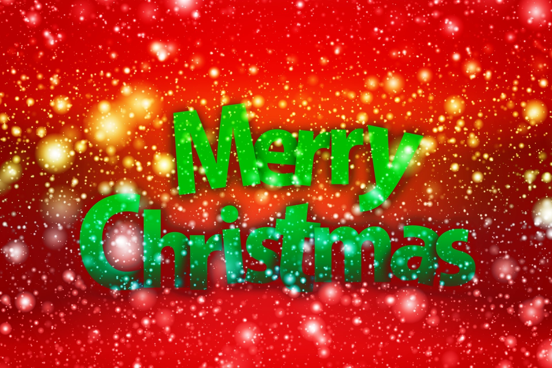 A vibrant 4K Ultra HD desktop wallpaper with sparkling red and gold background featuring bold green text reading Merry Christmas celebrating the holiday season.