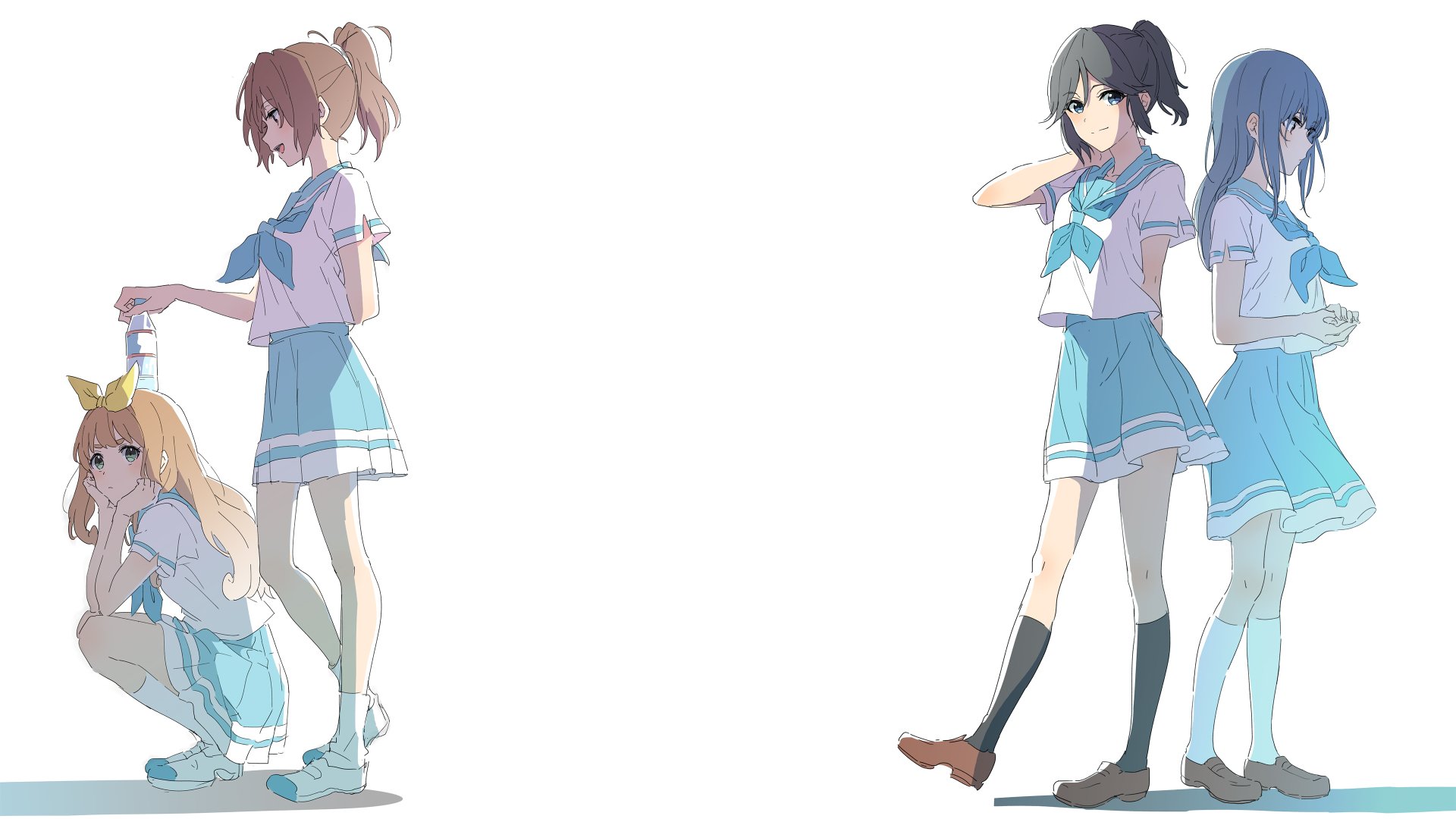 4K Ultra HD anime wallpaper featuring Nozomi Kasaki, Mizore Yoroizuka, Yuuko Yoshikawa, and Natsuki Nakagawa from Sound! Euphonium in school uniforms on a white background.