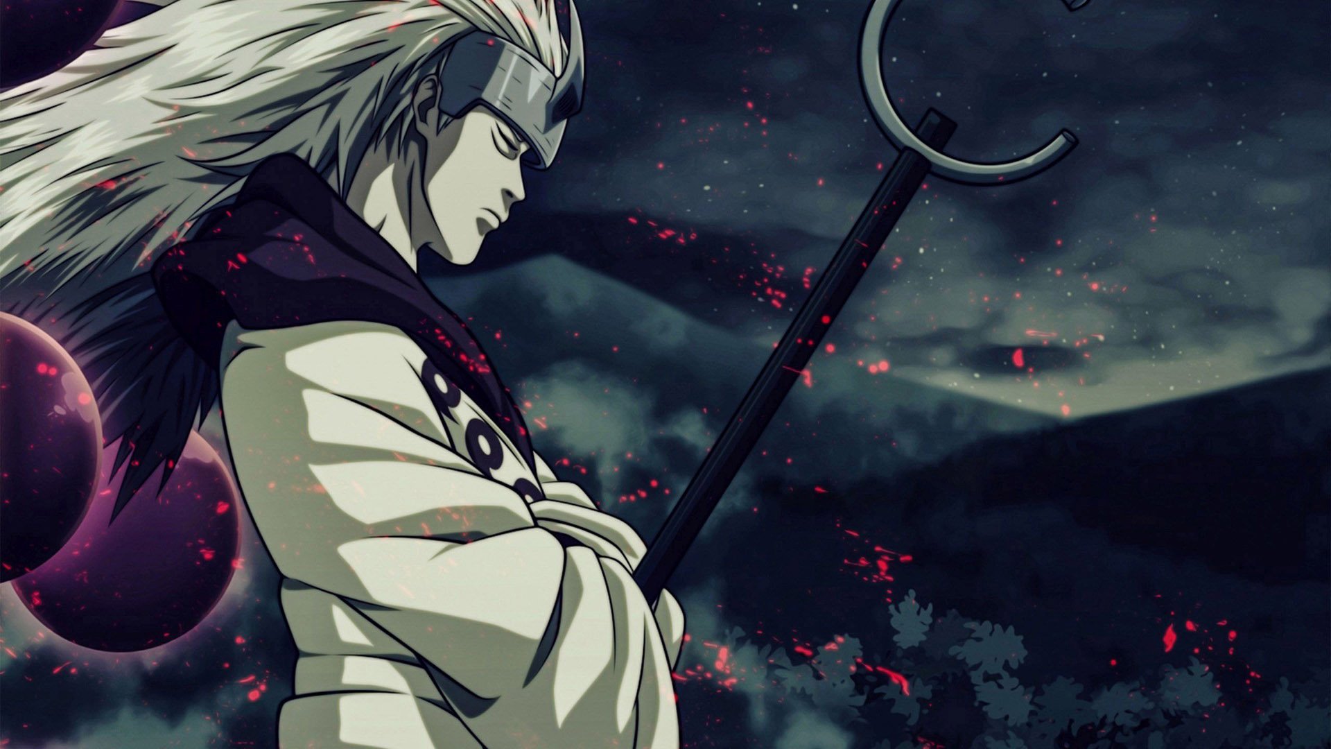 HD desktop wallpaper of Madara Uchiha from the anime Naruto, featuring him in a dramatic pose against a dark, stormy background.
