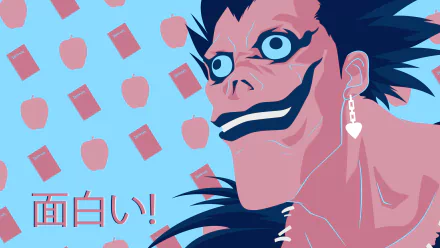 4K Ultra HD anime wallpaper featuring Ryuk from Death Note with a stylized blue and pink color palette and Japanese text on a PC desktop background.