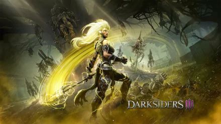 HD PC desktop wallpaper featuring the video game Darksiders III, showcasing a powerful female warrior with glowing yellow hair in a dark, apocalyptic setting.