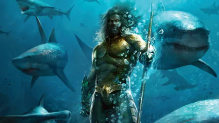 HD PC desktop wallpaper featuring Jason Momoa as Aquaman, standing underwater surrounded by sharks with his trident in hand.