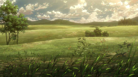 HD desktop wallpaper from Attack on Titan featuring a serene meadow with lush greenery, distant rolling hills, and a bright, cloud-filled sky.