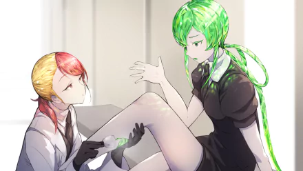 HD PC desktop wallpaper featuring Rutile and Jade from the anime Land of the Lustrous in a detailed, vibrant style.