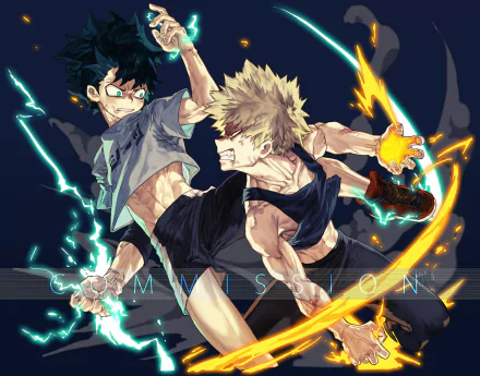 Dynamic HD wallpaper featuring Izuku Midoriya and Katsuki Bakugou from My Hero Academia in the midst of an intense battle, with vivid energy effects surrounding them.