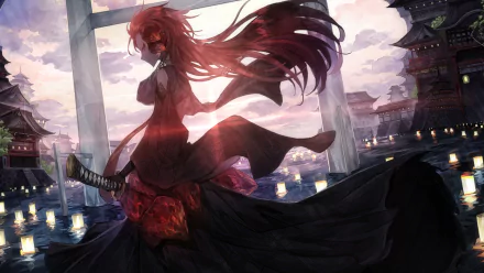 Anime girl with flowing red hair and dark outfit stands near a torii gate at sunset, detailed in an HD PC desktop wallpaper background.