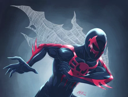 Comic-style Spider-Man 2099 in dynamic pose, red-and-blue suit with skull motif and web backdrop — 4K Ultra HD PC desktop wallpaper/background.