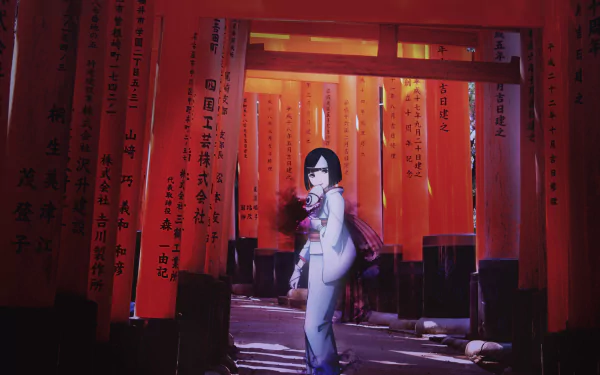 HD PC desktop wallpaper featuring Nora from the anime Noragami, standing amidst illuminated red torii gates with Japanese inscriptions.