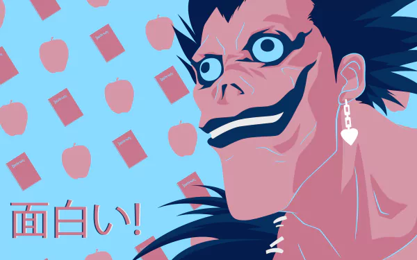 4K Ultra HD anime wallpaper featuring Ryuk from Death Note with a stylized blue and pink color palette and Japanese text on a PC desktop background.