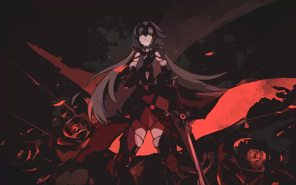 HD anime desktop wallpaper featuring Jeanne d'Arc Alter as Avenger from Fate/Grand Order, set against a dark, fiery background.