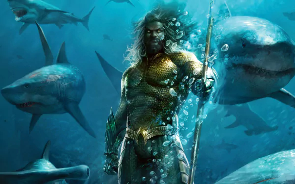 HD PC desktop wallpaper featuring Jason Momoa as Aquaman, standing underwater surrounded by sharks with his trident in hand.