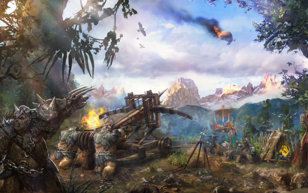 Video game Riders of Icarus HD PC desktop wallpaper and background: armored riders and siege engines clash on a lush mountainous battlefield as winged beasts streak across a stormy sky.