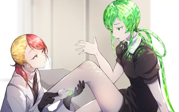HD PC desktop wallpaper featuring Rutile and Jade from the anime Land of the Lustrous in a detailed, vibrant style.