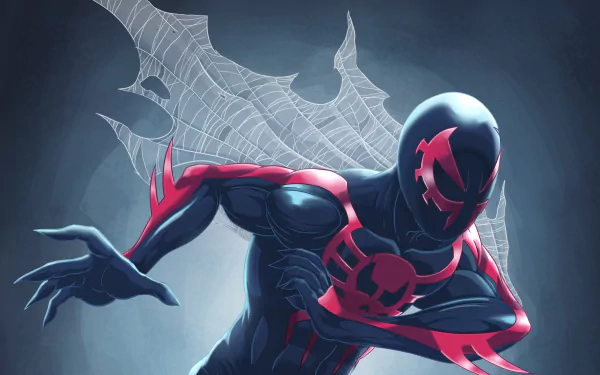 Comic-style Spider-Man 2099 in dynamic pose, red-and-blue suit with skull motif and web backdrop — 4K Ultra HD PC desktop wallpaper/background.