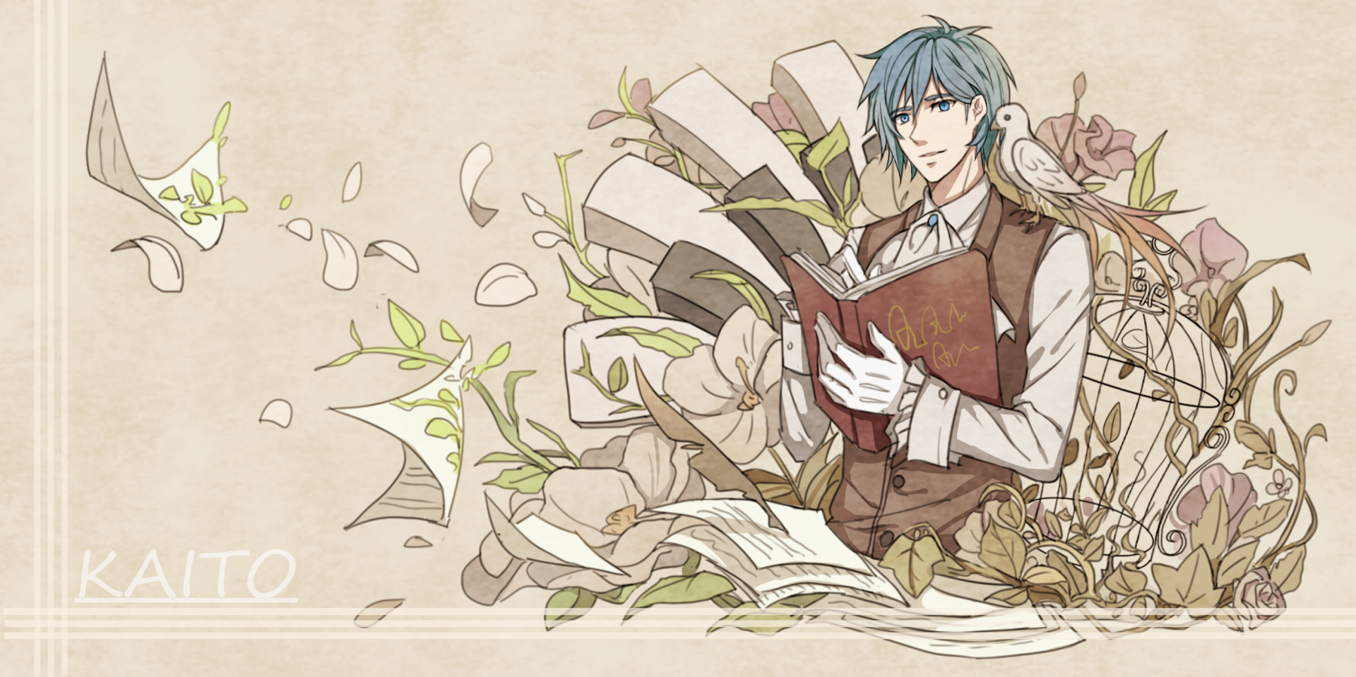 HD PC desktop wallpaper of Kaito (Vocaloid): anime-style portrait of him in a vest reading a book amid floating papers, lilies and soft beige floral motifs.