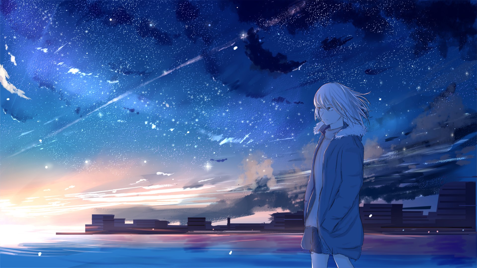 HD anime wallpaper featuring a blonde, short-haired character gazing at a star-filled night sky over a cityscape.