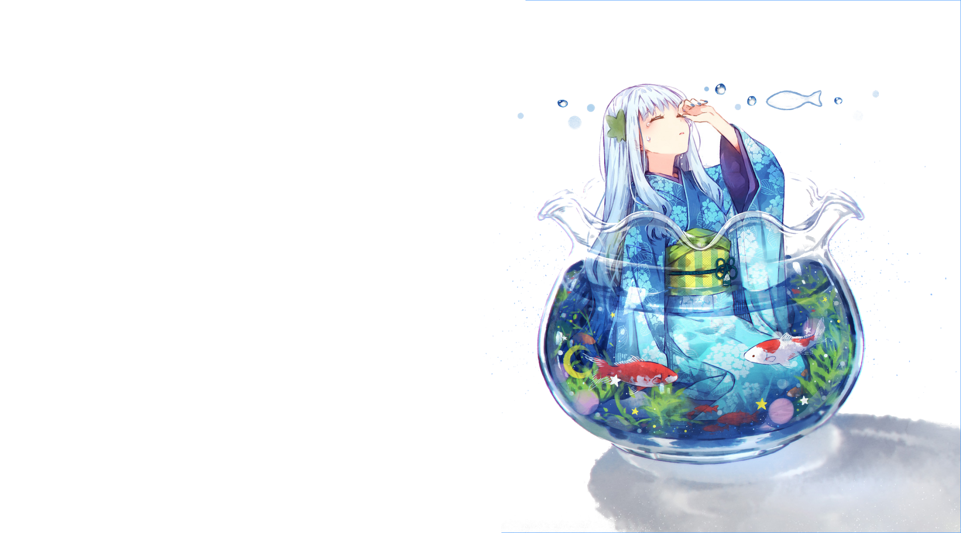 Anime-style original HD desktop wallpaper features a girl in a kimono sitting inside a glass bowl filled with water, fish, and aquatic plants.