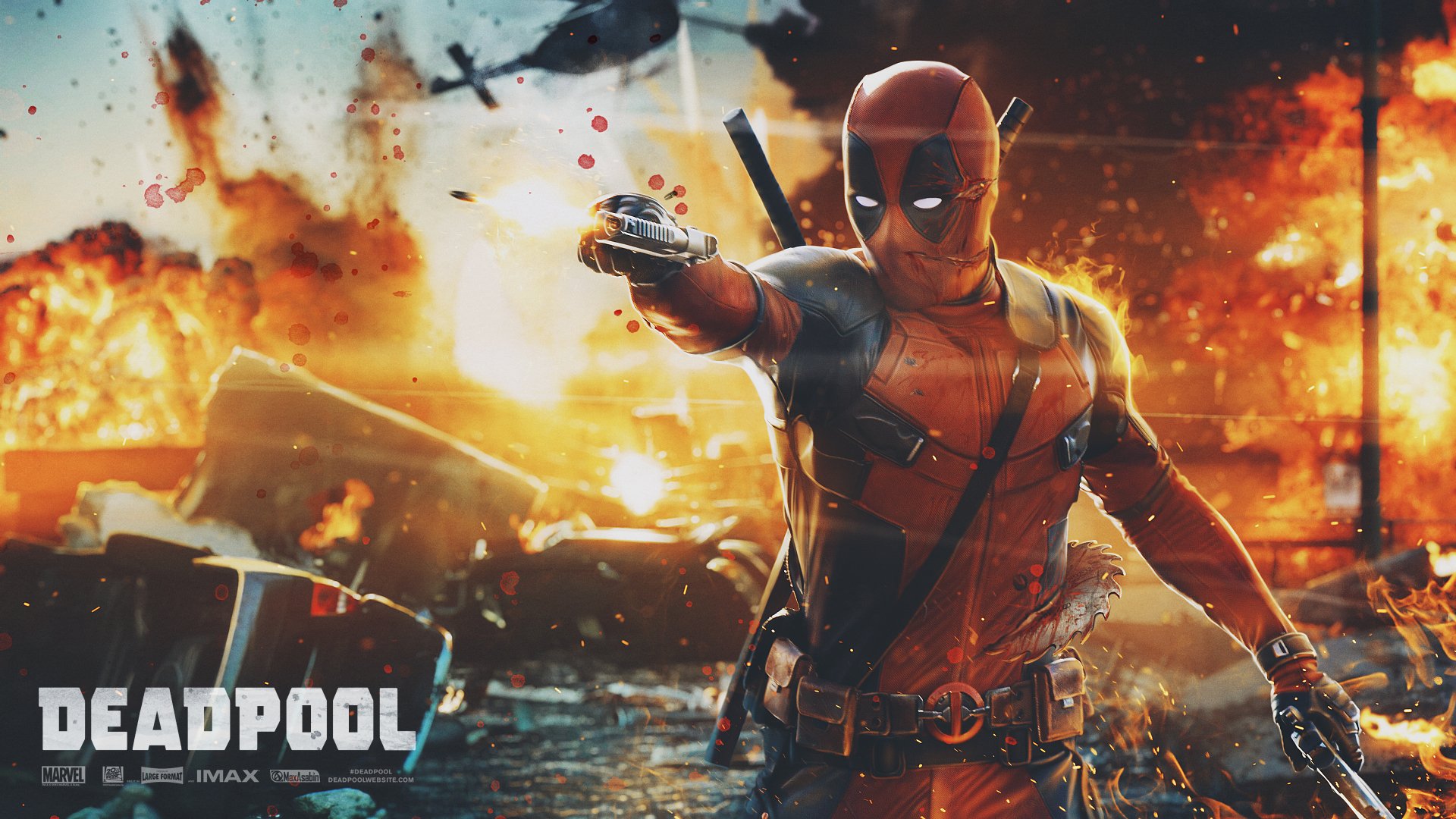 4K Ultra HD PC desktop wallpaper featuring Deadpool in action amidst a fiery, explosive movie scene.