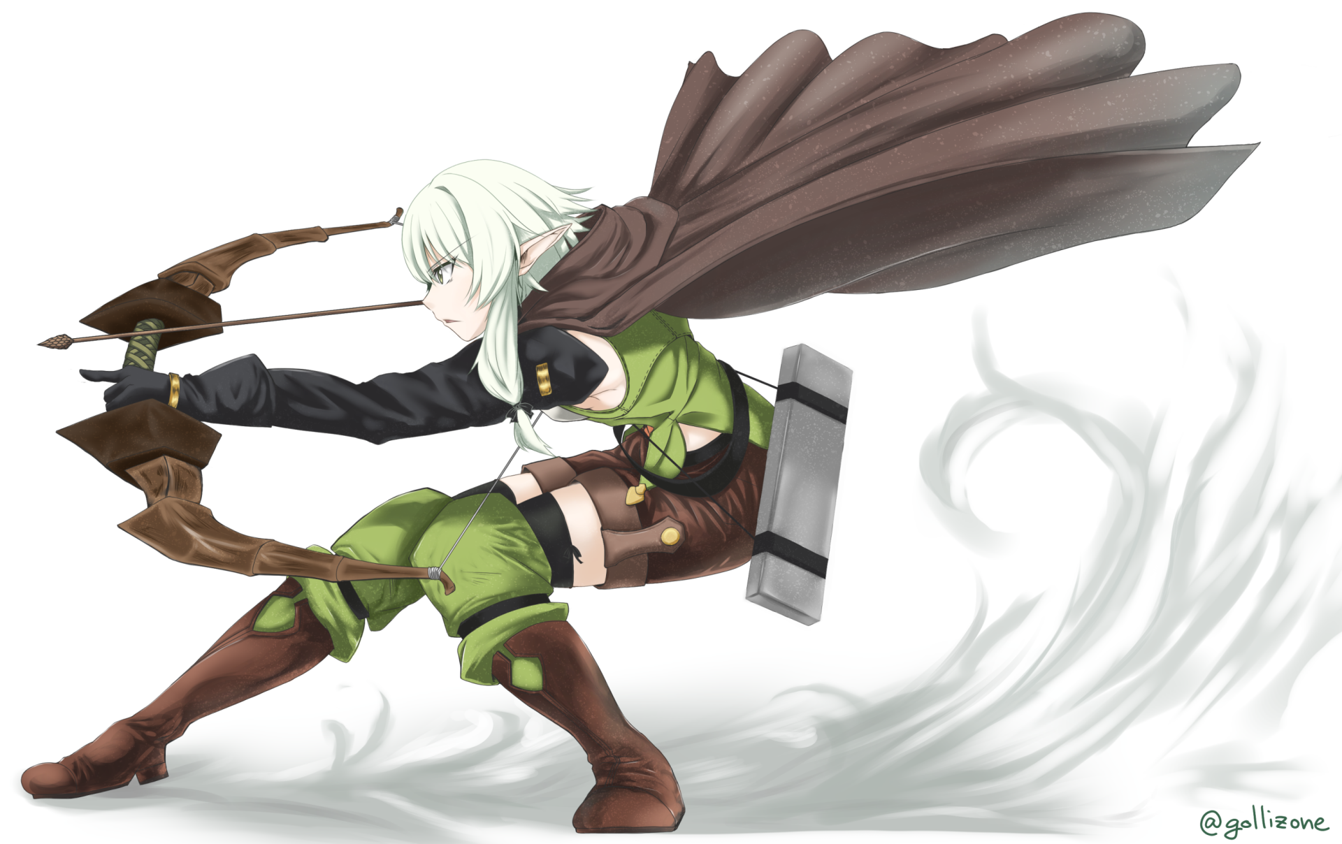 High Elf Archer from the anime Goblin Slayer draws her bow in a dynamic pose against a white background in this HD PC desktop wallpaper.