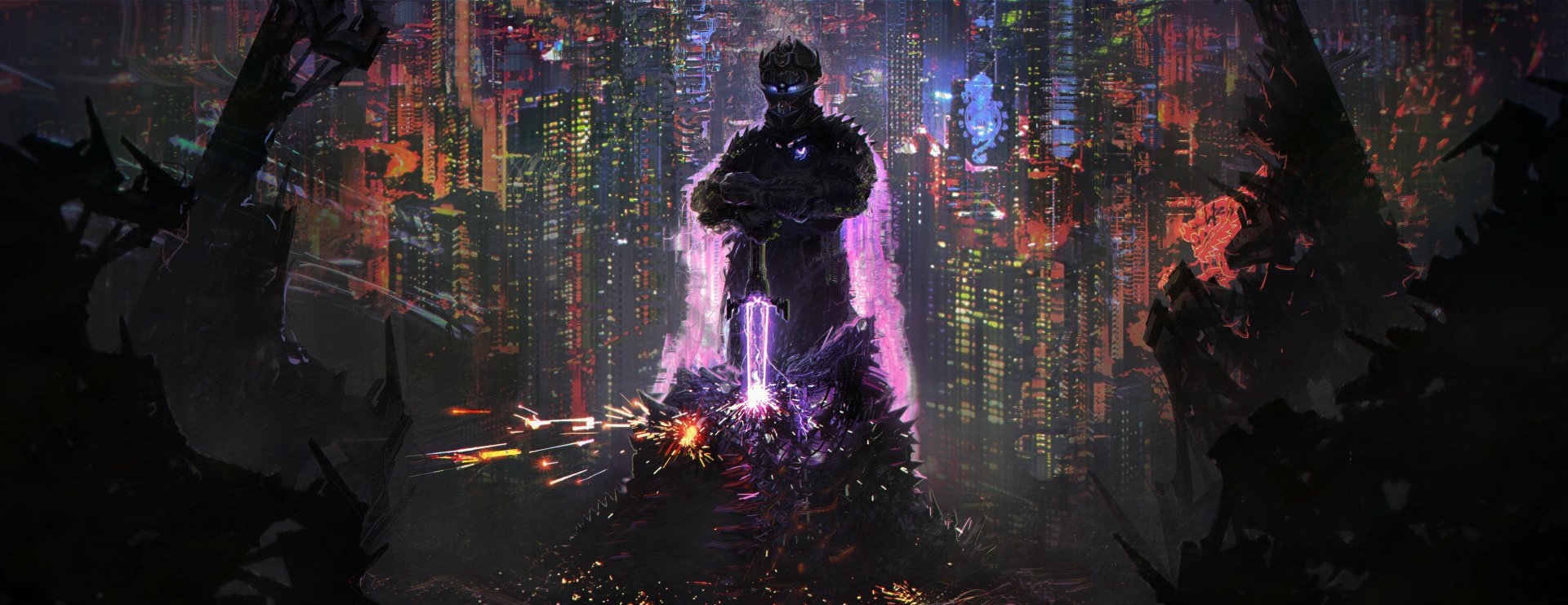 A fantasy warrior knight stands with a glowing sword in a futuristic cityscape, blending elements of sword, warrior, and fantasy in a vibrant HD desktop wallpaper.