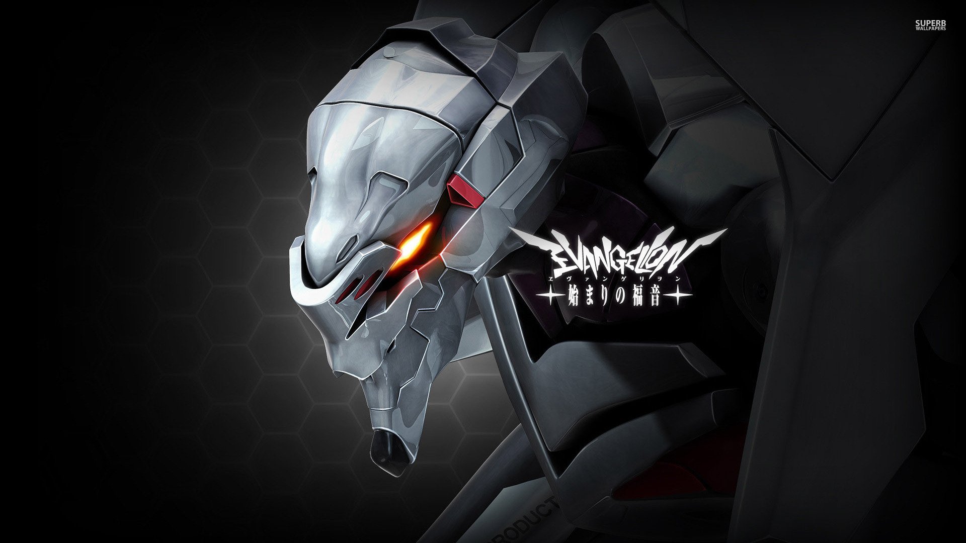 HD PC desktop wallpaper featuring a detailed close-up of an Evangelion mecha head from the anime Neon Genesis Evangelion with glowing orange eyes.