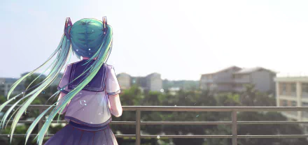 Anime character Hatsune Miku gazes over a scenic view with buildings in the distance. This HD desktop wallpaper showcases her iconic teal twin-tails and school uniform in a peaceful outdoor setting.