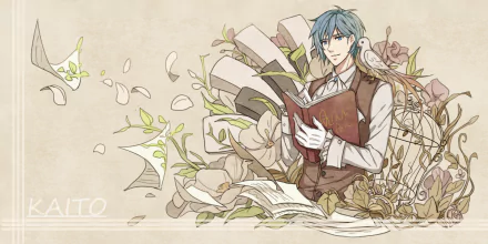 HD PC desktop wallpaper of Kaito (Vocaloid): anime-style portrait of him in a vest reading a book amid floating papers, lilies and soft beige floral motifs.