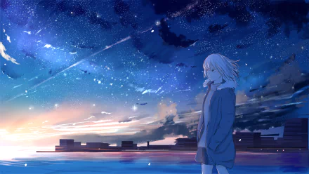 HD anime wallpaper featuring a blonde, short-haired character gazing at a star-filled night sky over a cityscape.