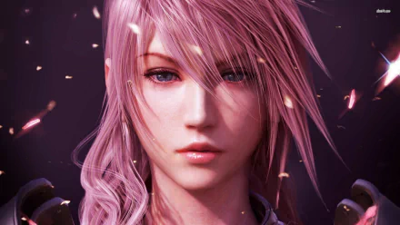 HD PC desktop wallpaper featuring Lightning, the protagonist from the video game Final Fantasy XIII, with detailed pink hair and a focused expression.