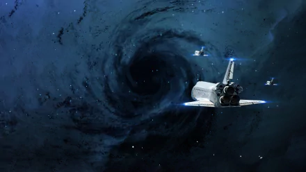 HD wallpaper featuring a space shuttle flying towards a massive cosmic whirlpool, with two small spacecraft flanking on each side, against a starry background.