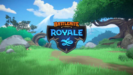 HD desktop wallpaper featuring the Battlerite Royale logo set against a vibrant fantasy landscape background.