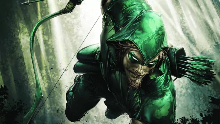 HD PC desktop wallpaper featuring a dynamic comic-style Green Arrow aiming his bow in a dark, intense forest setting.