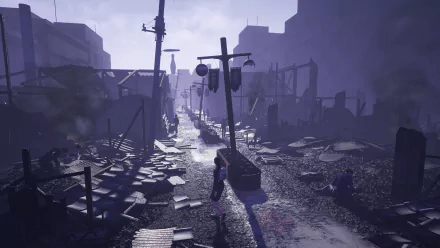 HD wallpaper of Zettai Zetsumei Toshi 4 Plus: Summer Memories depicting a desolate cityscape with debris and abandoned vehicles.