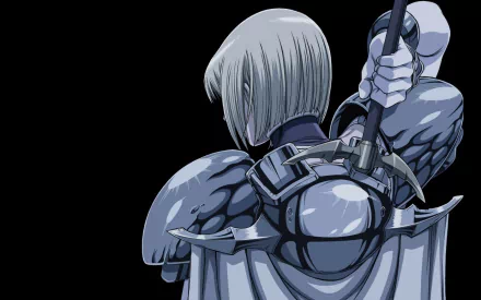 HD anime desktop wallpaper featuring Clare from Claymore, showcasing her armored back with a sword poised, set against a dark background.