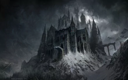 HD wallpaper showcasing a dark, ominous castle set amidst a stormy sky, perched on a snow-covered mountain side; a dramatic and gothic background for desktops.