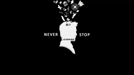 HD desktop wallpaper featuring a white silhouette with icons emerging from the head and the motivational phrase Never stop learning in bold letters on a black background.