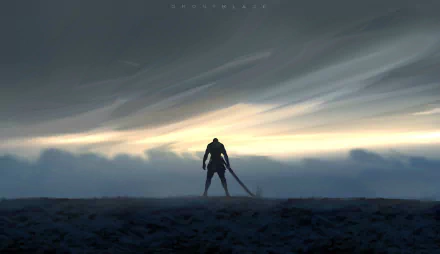 HD PC desktop wallpaper featuring a lone warrior from the comic GhostBlade standing with a large sword under a dramatic, cloudy sky at dusk.