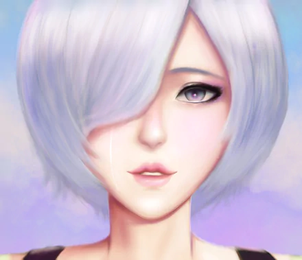 Close-up HD anime-style portrait of Touka Kirishima from Tokyo Ghoul:re with soft pastel colors, featuring her lavender hair and striking purple eyes.
