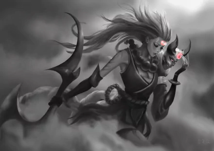 HD desktop wallpaper of Diana from League of Legends, depicted in a dynamic pose with glowing eyes and crescent-themed armor against a smoky background.