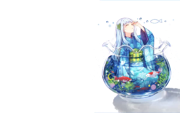Anime-style original HD desktop wallpaper features a girl in a kimono sitting inside a glass bowl filled with water, fish, and aquatic plants.