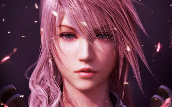 HD PC desktop wallpaper featuring Lightning, the protagonist from the video game Final Fantasy XIII, with detailed pink hair and a focused expression.