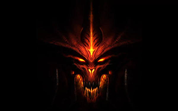 HD desktop wallpaper featuring a dark, ominous demon from the video game Diablo III, with burning eyes and flames accentuating its menacing appearance.