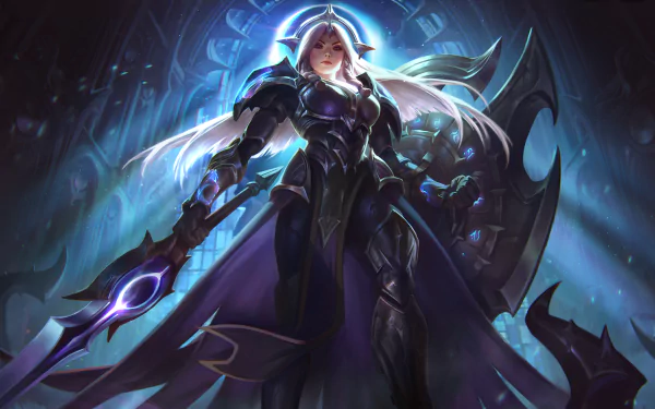 HD desktop wallpaper featuring Leona from the video game League of Legends, showcasing her in a powerful stance with her sword and shield amidst a mystical background.