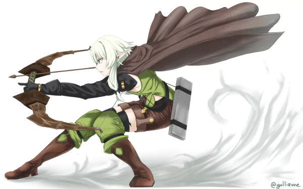 High Elf Archer from the anime Goblin Slayer draws her bow in a dynamic pose against a white background in this HD PC desktop wallpaper.