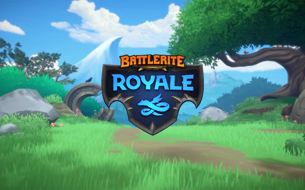 HD desktop wallpaper featuring the Battlerite Royale logo set against a vibrant fantasy landscape background.